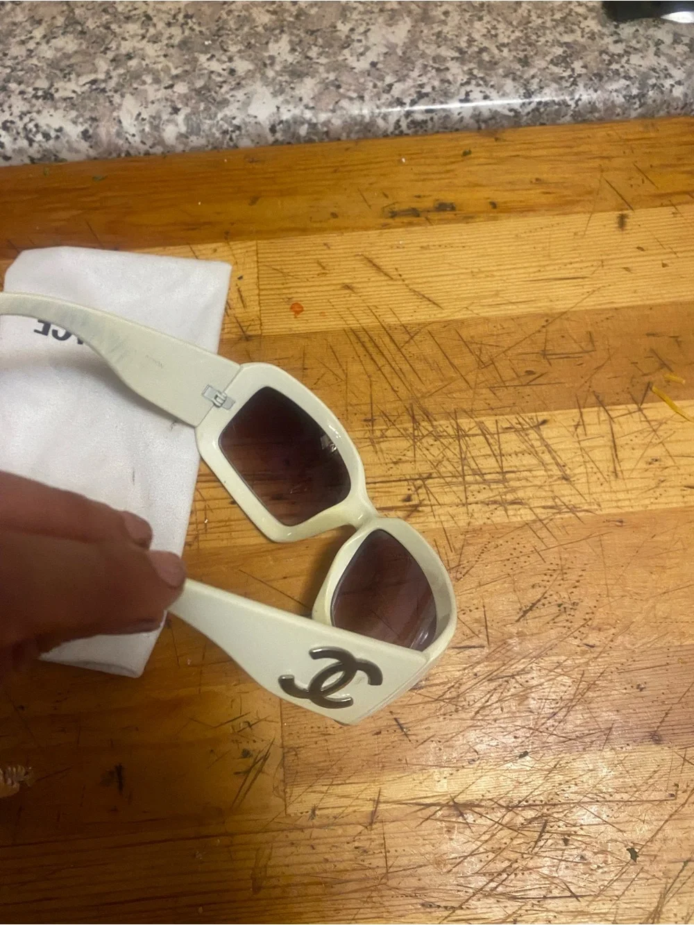 CHANEL Cream Sunglasses with Silver CC Logos